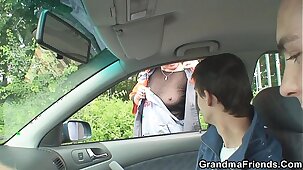 Two dudes pick up hot grandma and screw outside
