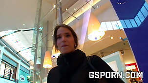 Real threesome in the mall bathroom with hot brunette