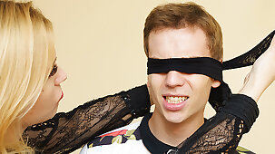Mom teaches blindfolded stepson anal fetish