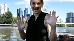 Secret hand job in the middle of Frankfurt! Mega Public with a lot of cum!